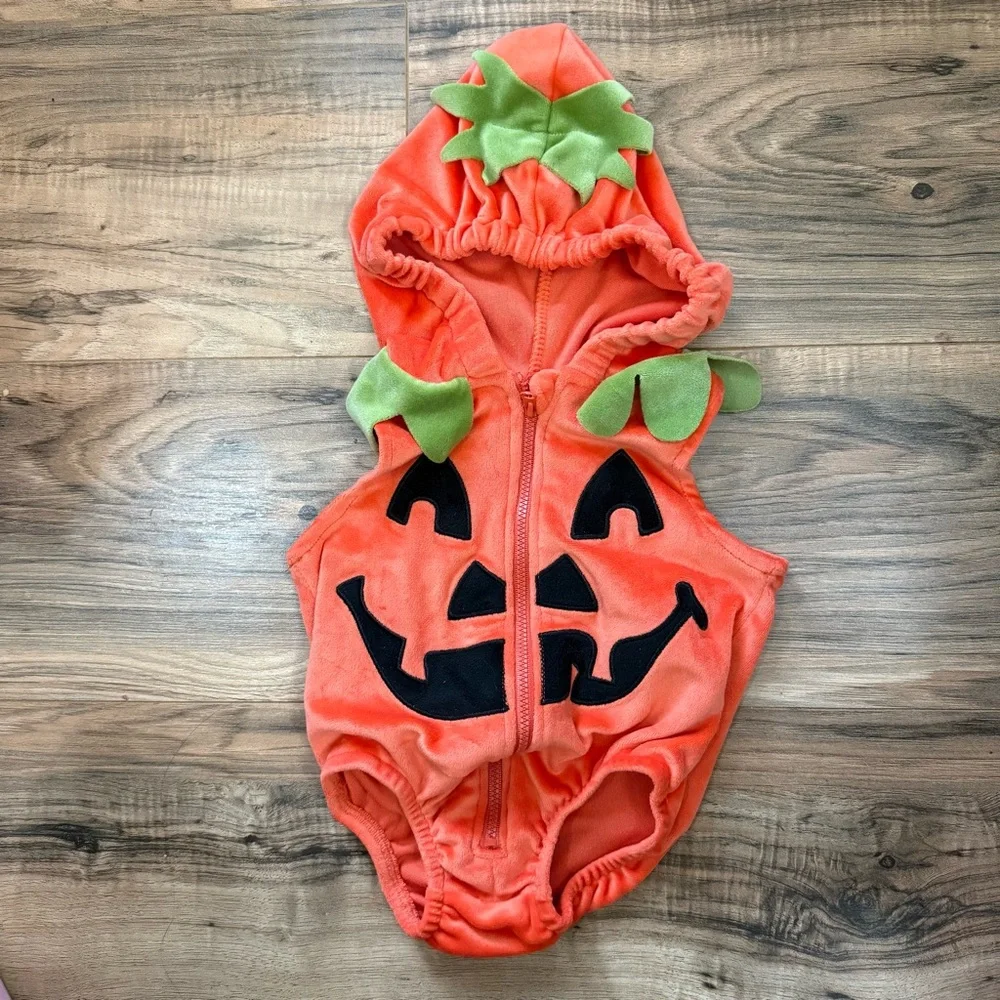 Infant Pumpkin One Piece Costume with Hood Sleeveless Baby Size 3-6 Months